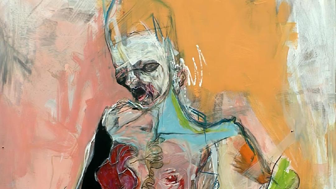 Expressive blue figure against a warm orange field