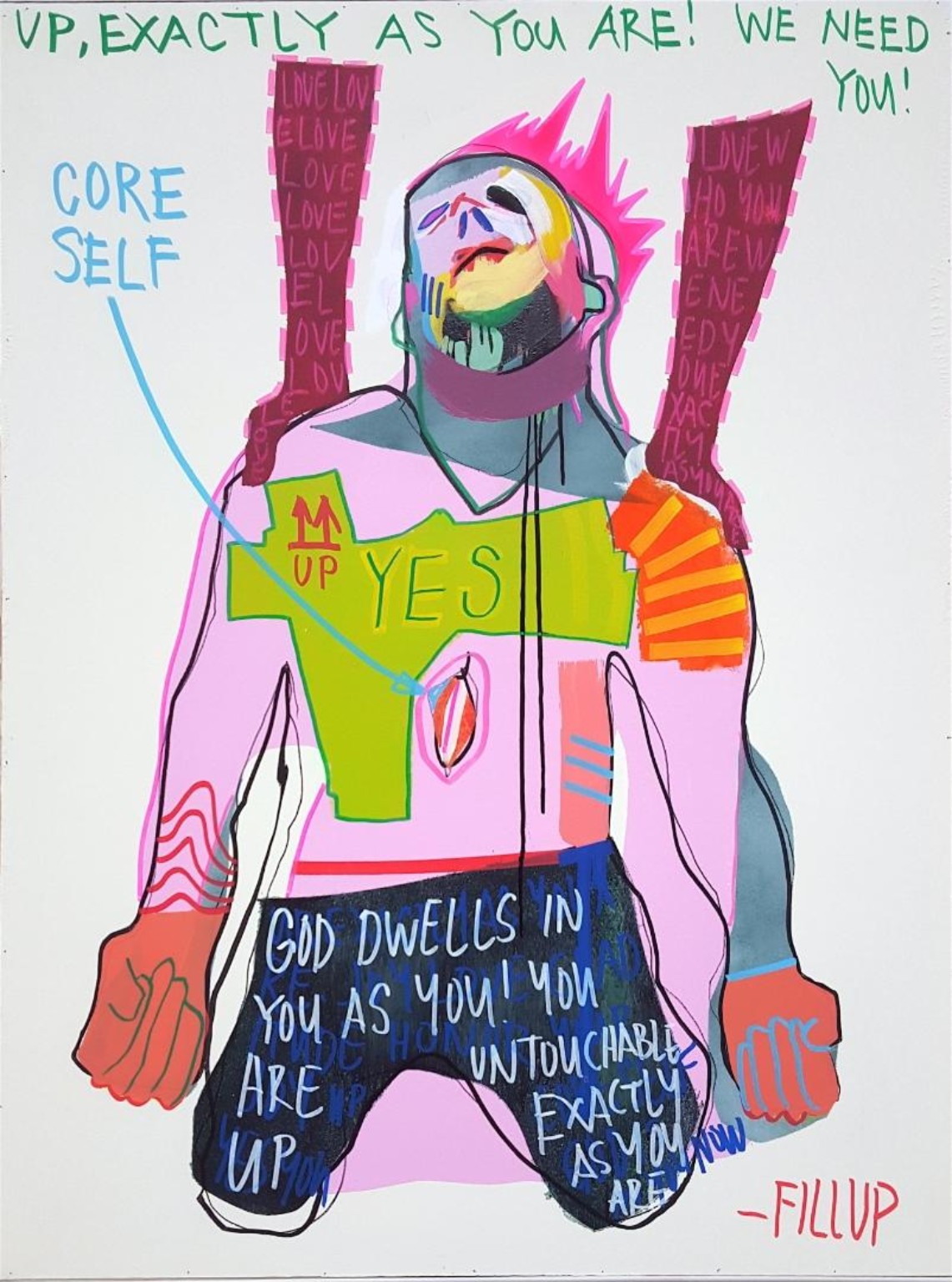 Colorful kneeling figure with handwritten text