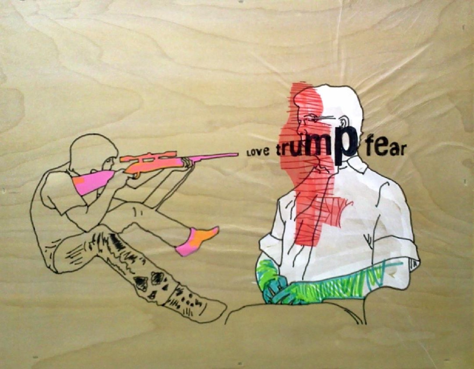 Line-drawn figures with the words love trumps fear