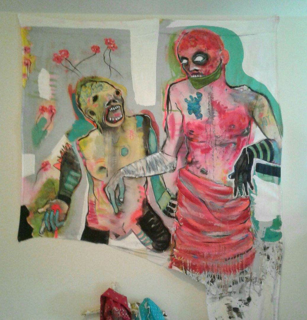 Two expressive painted figures in pink and teal