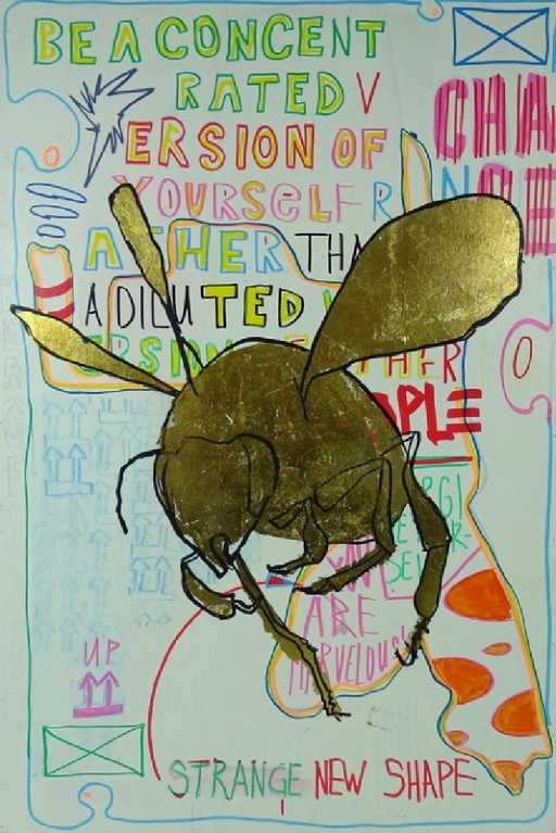 Golden beetle collage over handwritten color field