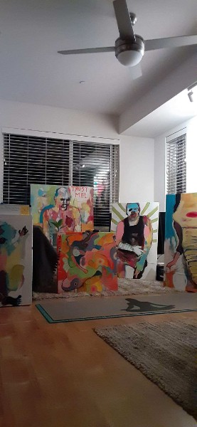 A group of Zachary Clement paintings in the studio