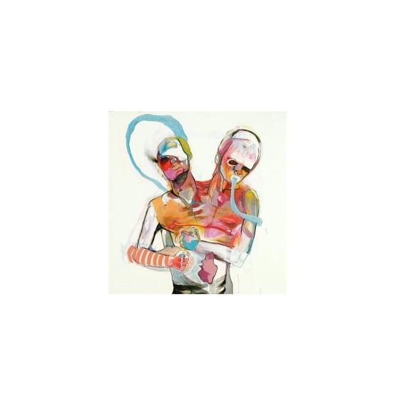 Two intertwined abstracted figures on a white field
