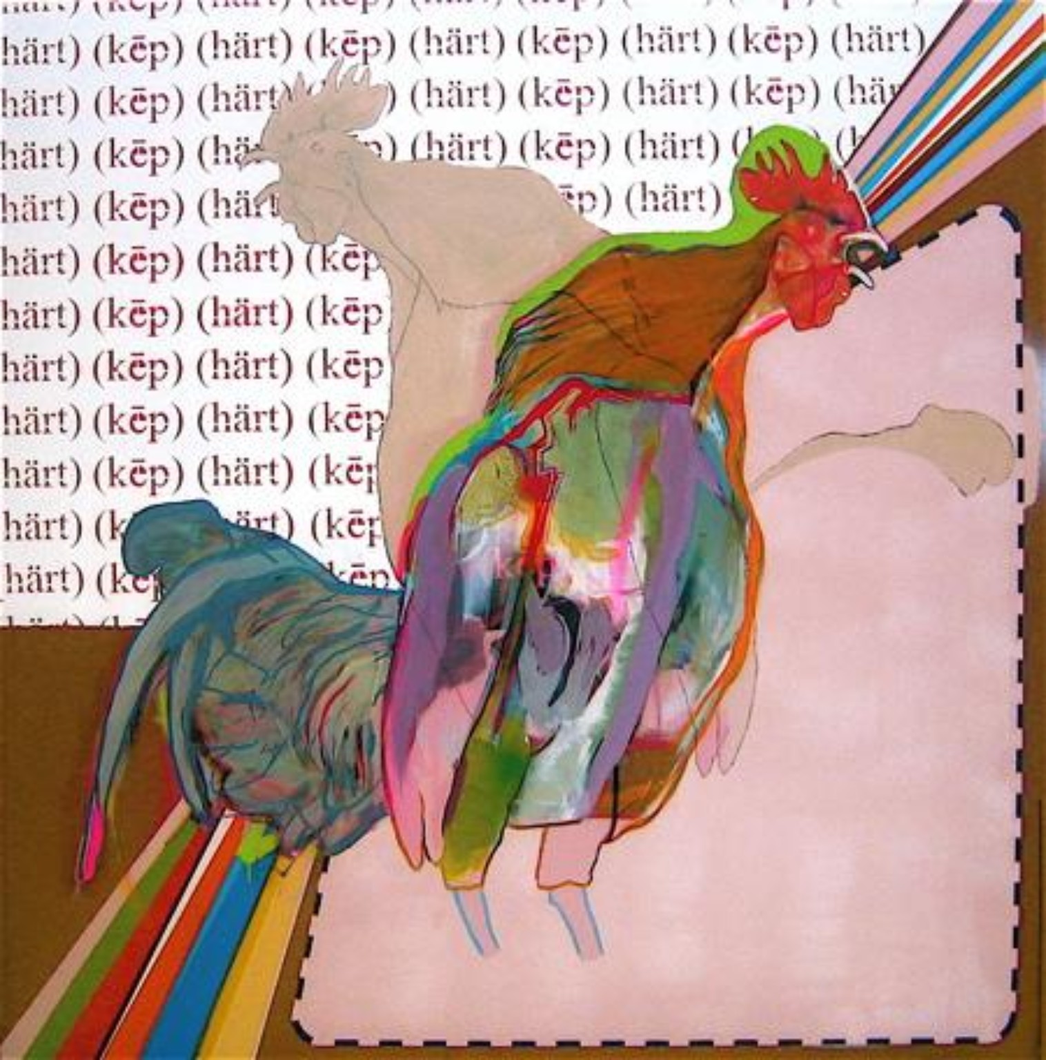 Layered figurative composition with roosters